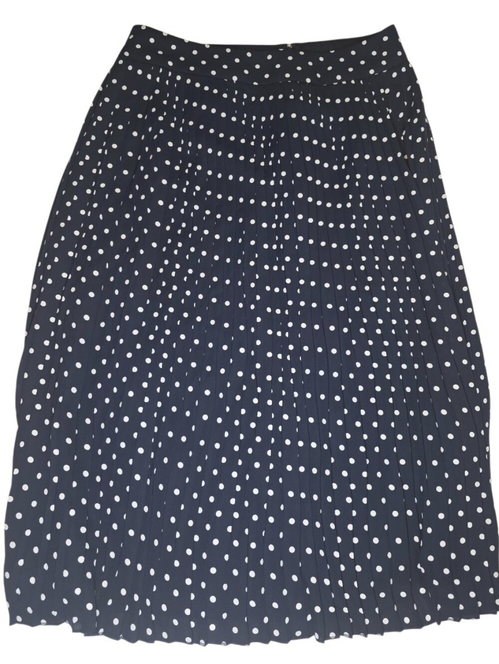 J. Crew Navy and White Polka Dot Pleated Midi Skirt